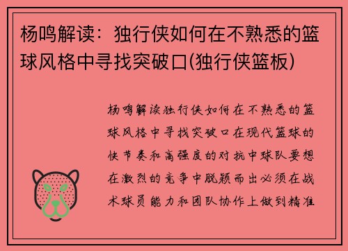 杨鸣解读：独行侠如何在不熟悉的篮球风格中寻找突破口(独行侠篮板)