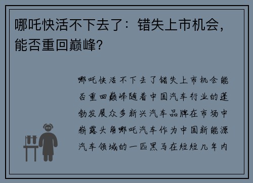 哪吒快活不下去了：错失上市机会，能否重回巅峰？