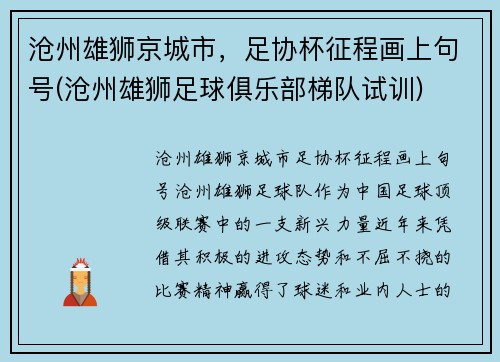 沧州雄狮京城市，足协杯征程画上句号(沧州雄狮足球俱乐部梯队试训)