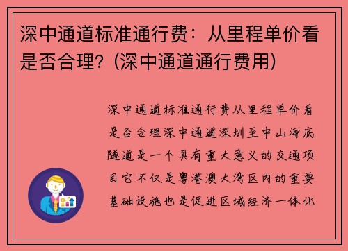 深中通道标准通行费：从里程单价看是否合理？(深中通道通行费用)