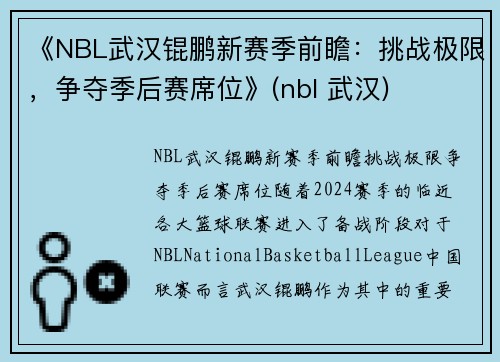 《NBL武汉锟鹏新赛季前瞻：挑战极限，争夺季后赛席位》(nbl 武汉)